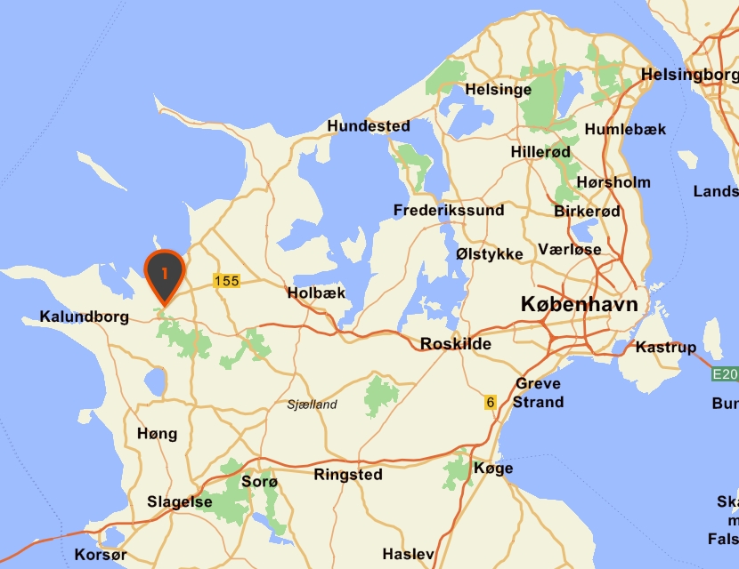 Nord-vest sjælland. Græsrodsgården er markeret med pilen.